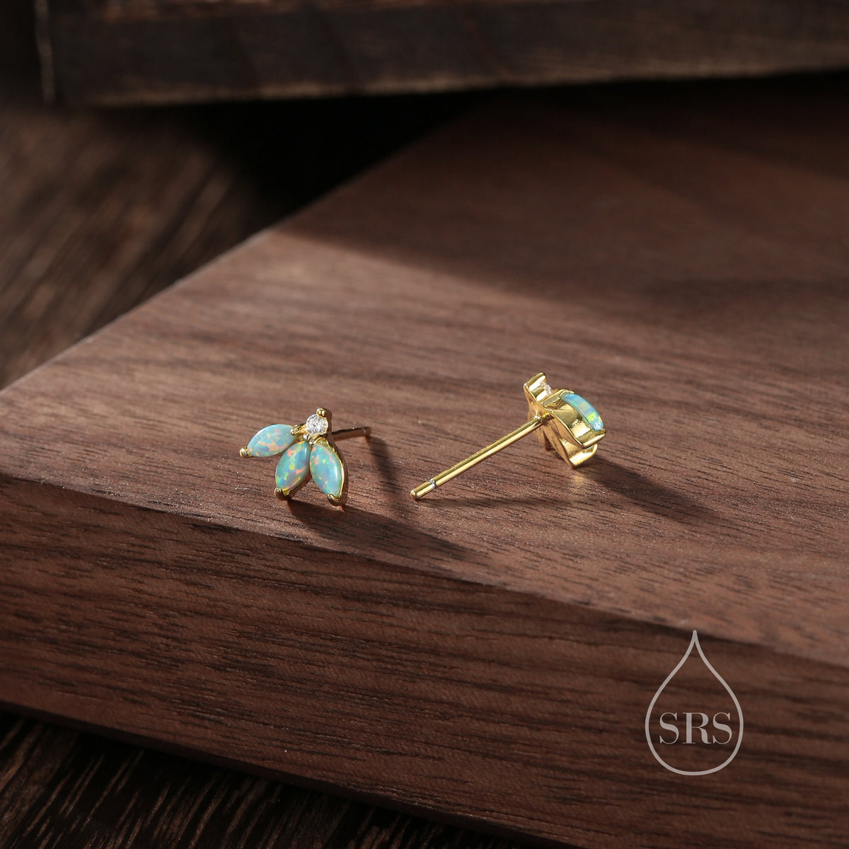 Sterling Silver Aqua Green Opal Marquise Cluster CZ Stud Earrings, Marquise Fan Stud, Blue Opal Crown Stud, Gold or Silver, Minimalist
