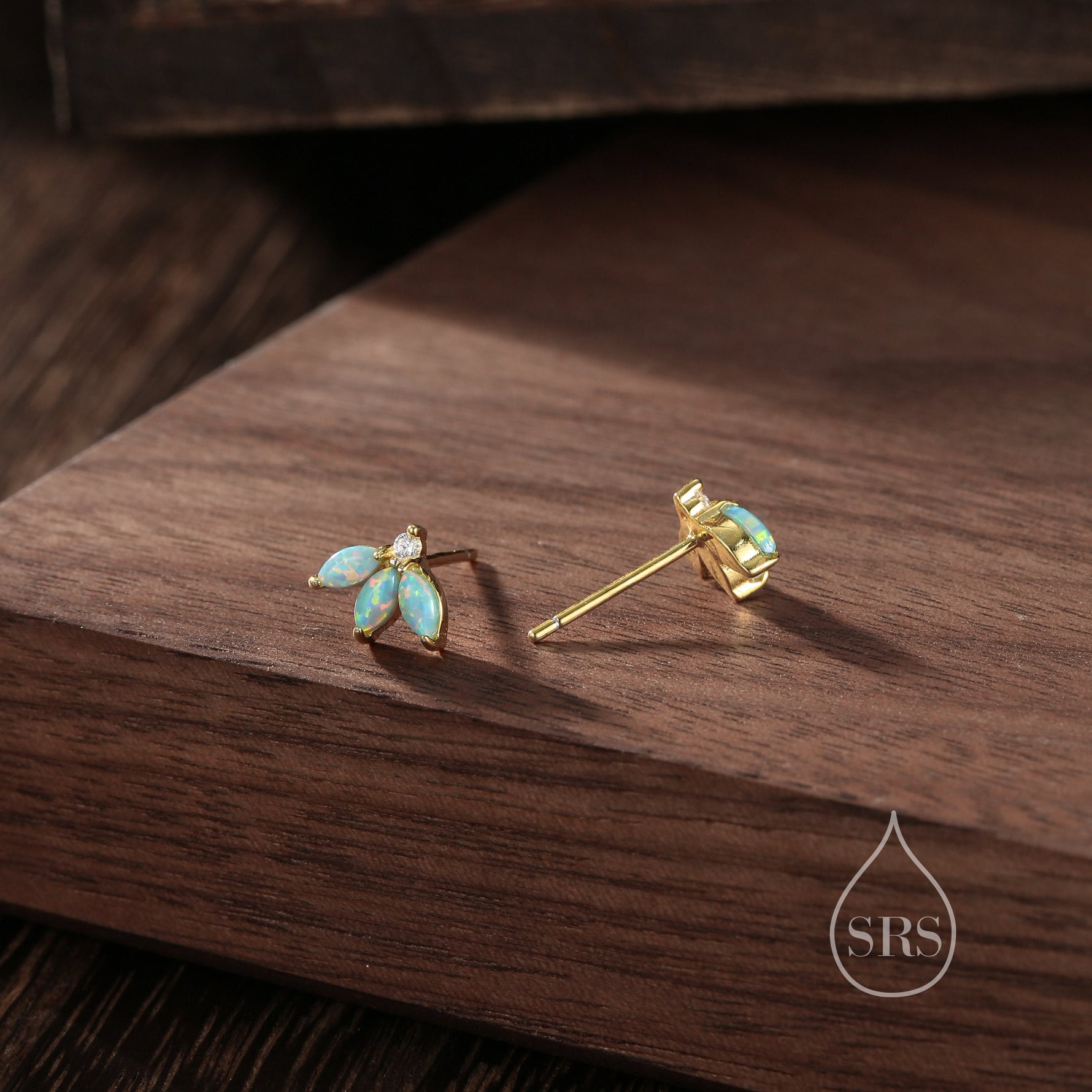 Sterling Silver Aqua Green Opal Marquise Cluster CZ Stud Earrings, Marquise Fan Stud, Blue Opal Crown Stud, Gold or Silver, Minimalist