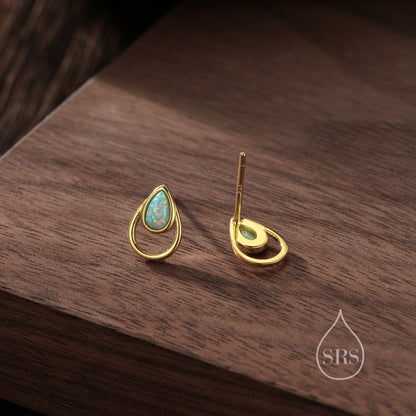 Aqua Green Opal Droplet Stud Earrings in Sterling Silver, Silver or Gold, Lab Opal Earrings, Double Droplet Stud, Pear Opal