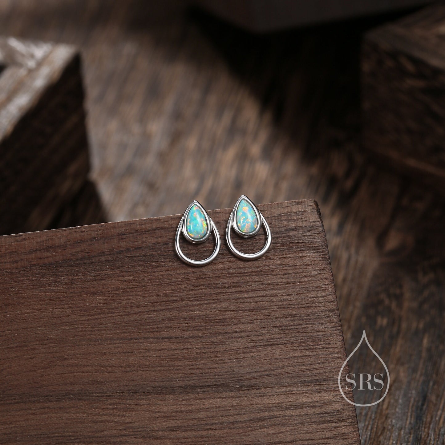 Aqua Green Opal Droplet Stud Earrings in Sterling Silver, Silver or Gold, Lab Opal Earrings, Double Droplet Stud, Pear Opal