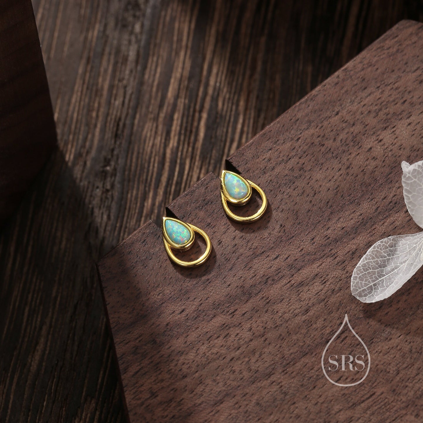 Aqua Green Opal Droplet Stud Earrings in Sterling Silver, Silver or Gold, Lab Opal Earrings, Double Droplet Stud, Pear Opal