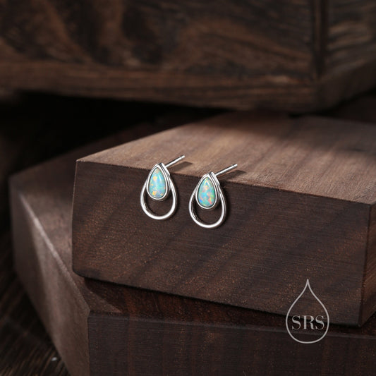 Aqua Green Opal Droplet Stud Earrings in Sterling Silver, Silver or Gold, Lab Opal Earrings, Double Droplet Stud, Pear Opal