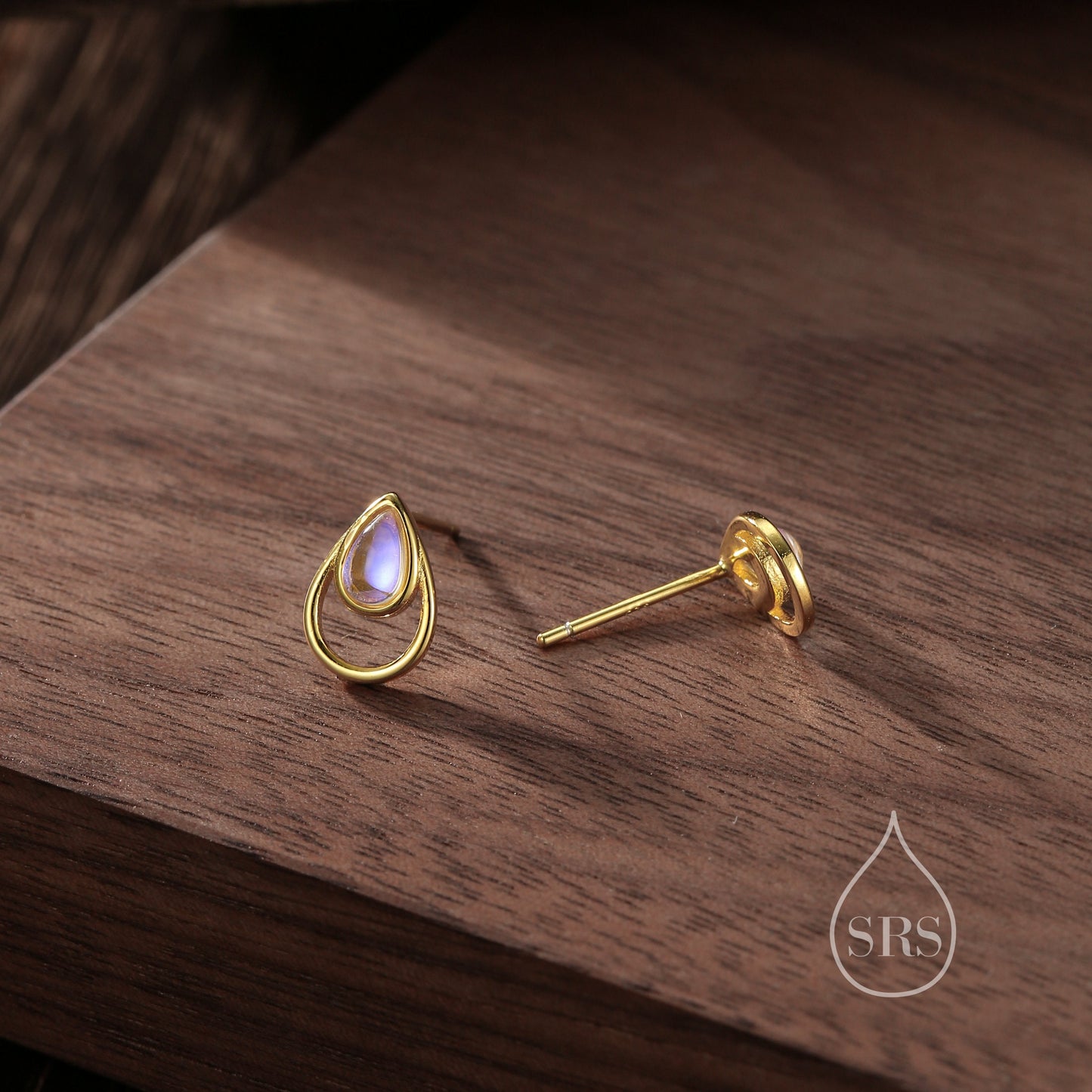 Moonstone Droplet Stud Earrings in Sterling Silver, Silver or Gold, Lab Moonstone Earrings, Double Droplet Stud, Pear Moonstone