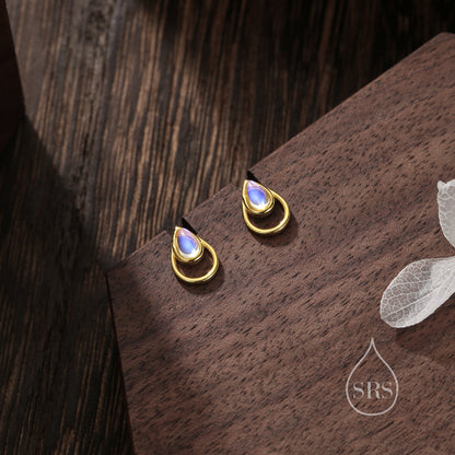 Moonstone Droplet Stud Earrings in Sterling Silver, Silver or Gold, Lab Moonstone Earrings, Double Droplet Stud, Pear Moonstone