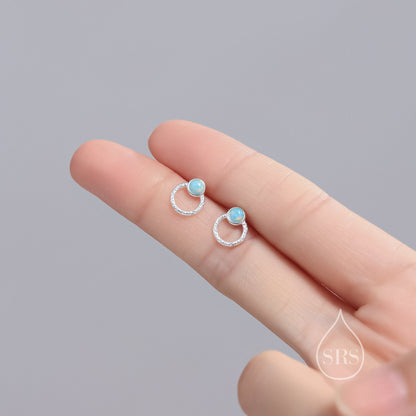 Aqua Green Opal Double Circle Stud Earrings in Sterling Silver, Silver or Gold or Rose Gold, Lab Opal Earrings, Double Circle Stud