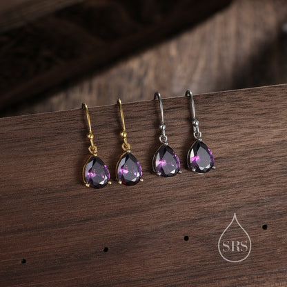 Dark Amethyst Purple Pear Cut CZ Drop Earrings in Sterling Silver, Silver or Gold, Dark Purple Droplet Dangle Earrings