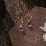 Dark Amethyst Purple Pear Cut CZ Drop Earrings in Sterling Silver, Silver or Gold, Dark Purple Droplet Dangle Earrings
