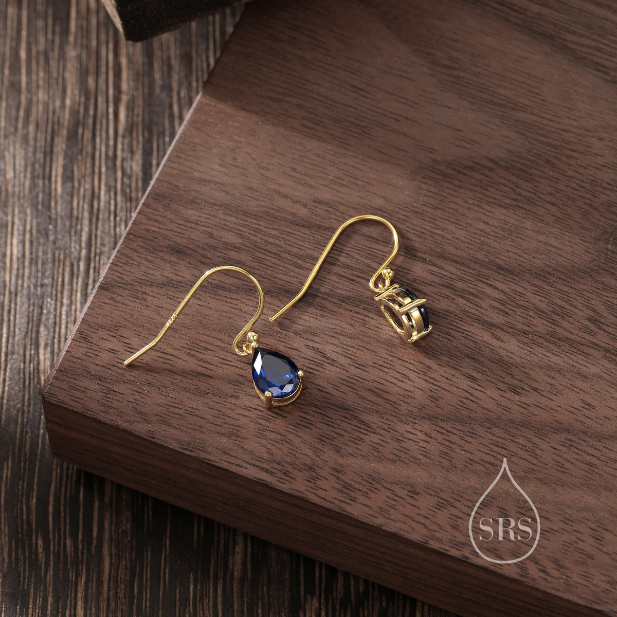 Sapphire Blue Pear Cut CZ Drop Earrings in Sterling Silver, Silver or Gold, Blue Droplet Dangle Earrings