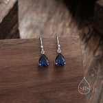 Sapphire Blue Pear Cut CZ Drop Earrings in Sterling Silver, Silver or Gold, Blue Droplet Dangle Earrings