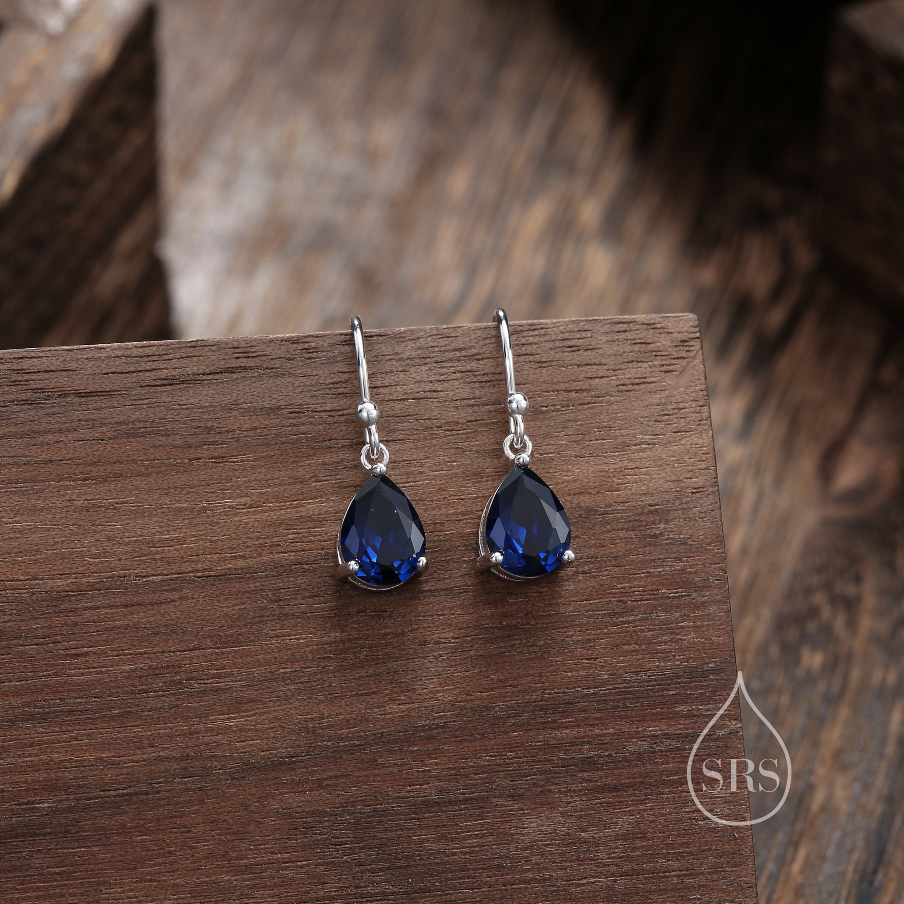 Sapphire Blue Pear Cut CZ Drop Earrings in Sterling Silver, Silver or Gold, Blue Droplet Dangle Earrings