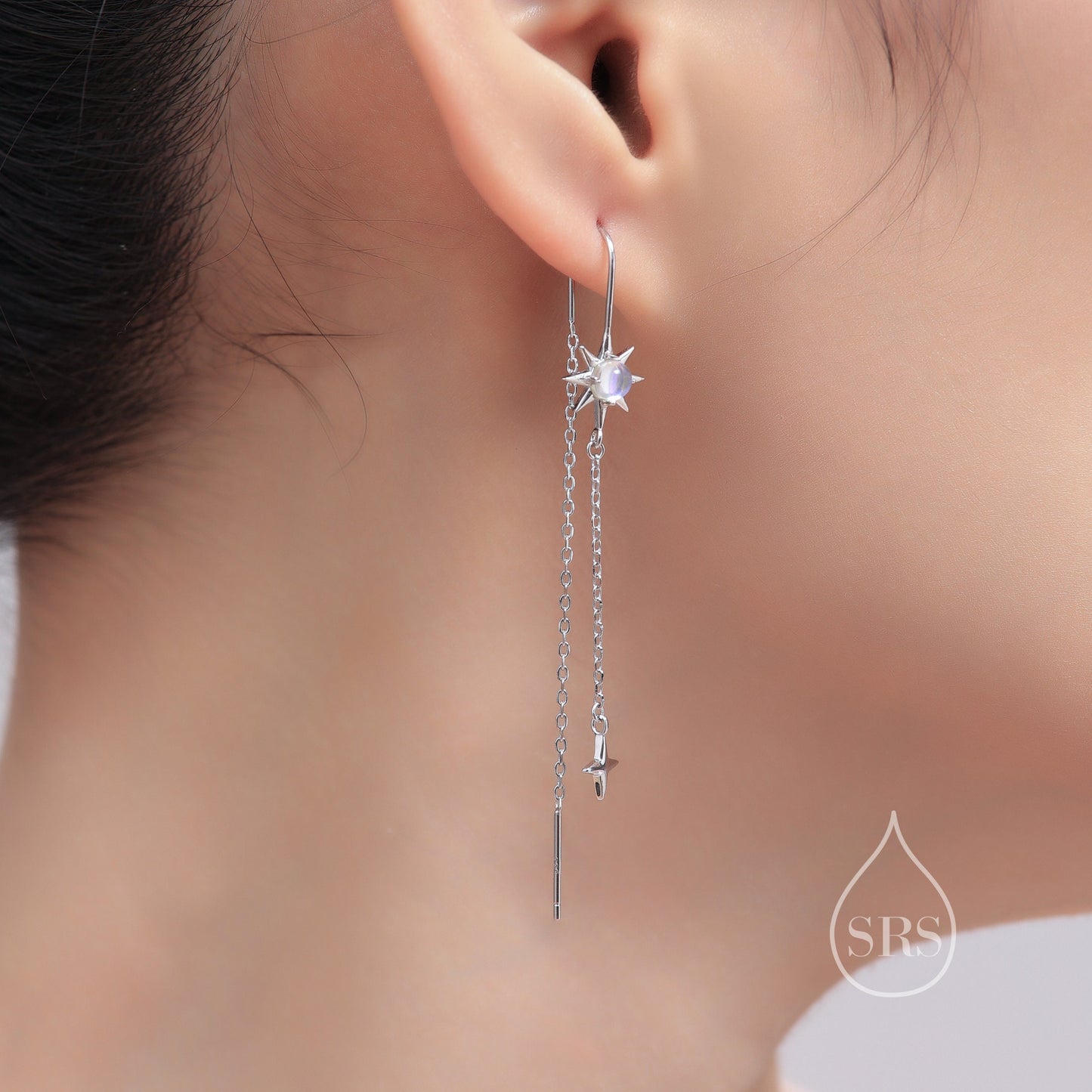 Moonstone Starburst and Star U Shape Threader Earrings in Sterling Silver, Silver or Gold or rose gold , North Star Ear Threaders