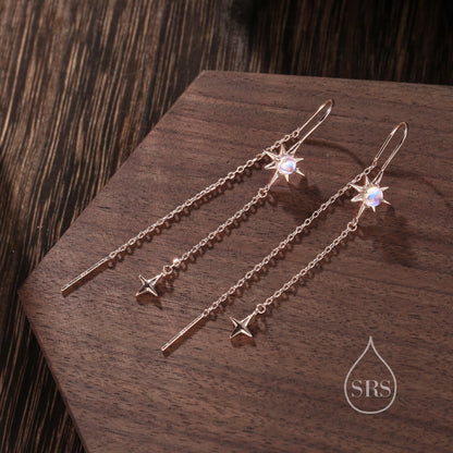 Moonstone Starburst and Star U Shape Threader Earrings in Sterling Silver, Silver or Gold or rose gold , North Star Ear Threaders