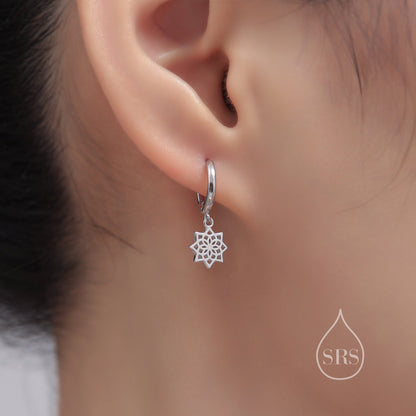 Mandala Flower Dangle Huggie Hoop in Sterling Silver, Silver or Gold or Rose Gold, Skinny Mandala Earrings, CZ Flower Hoops Mandala Flower