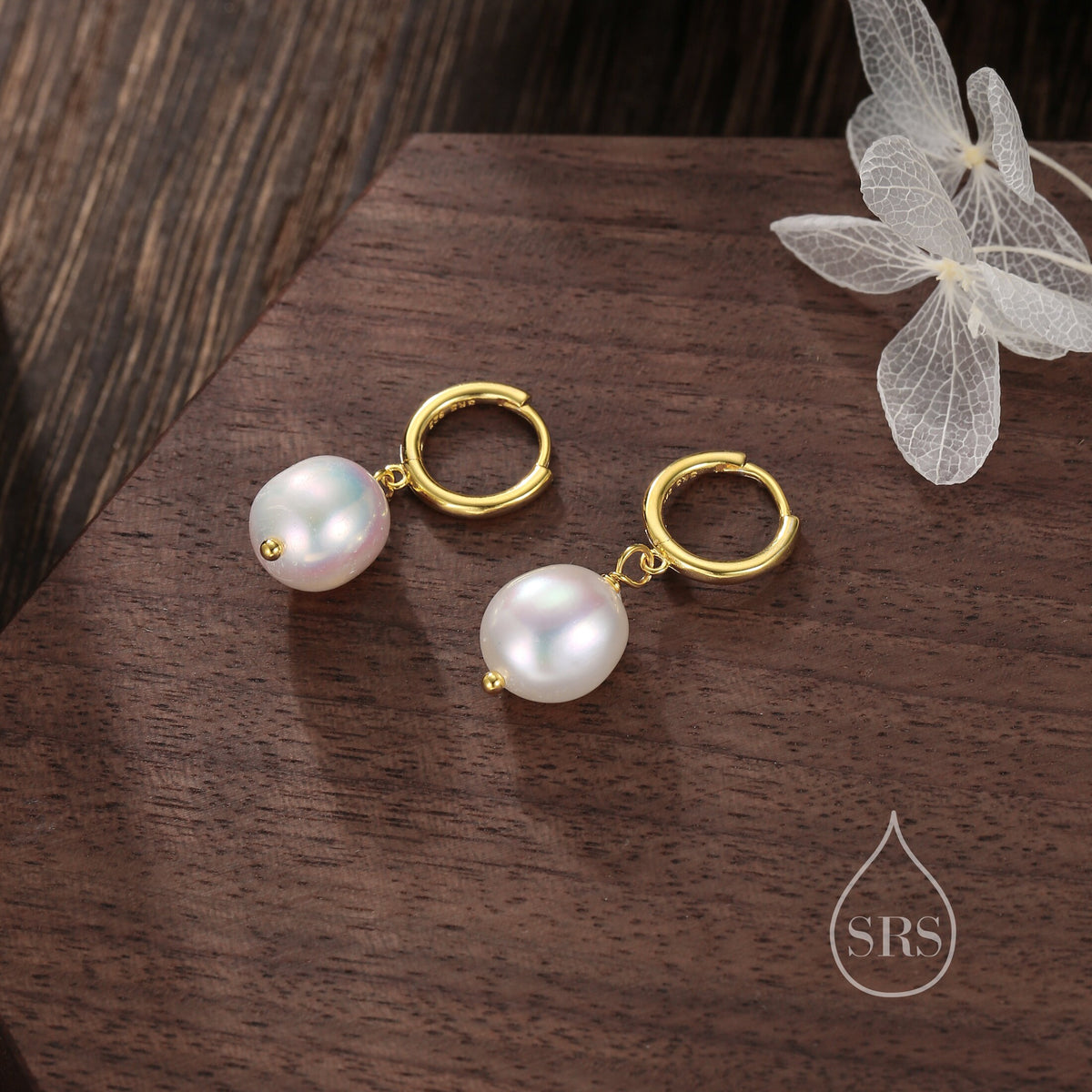 Sterling Silver Baroque Pearl Huggie Hoop Earrings, Drop Earrings with 18ct Gold Plate, Genuine Freshwater Pearls, Irregular Pearls J32