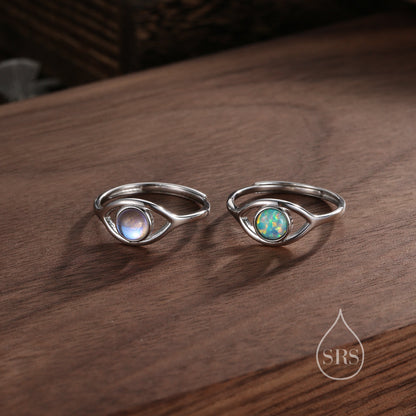 Sterling Silver Aqua Green Opal Eye Ring, Simulated Opal Evil Eye Ring, Adjustable Size