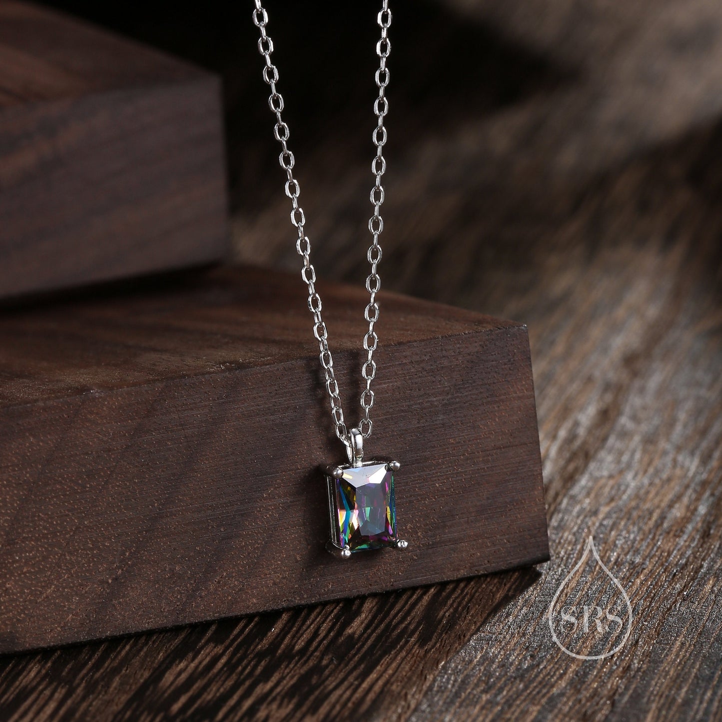 Emerald Cut Mystic Black CZ Pendant Necklace  in Sterling Silver,  Rectangular Cut Crystal Earrings, Mystic Topaz