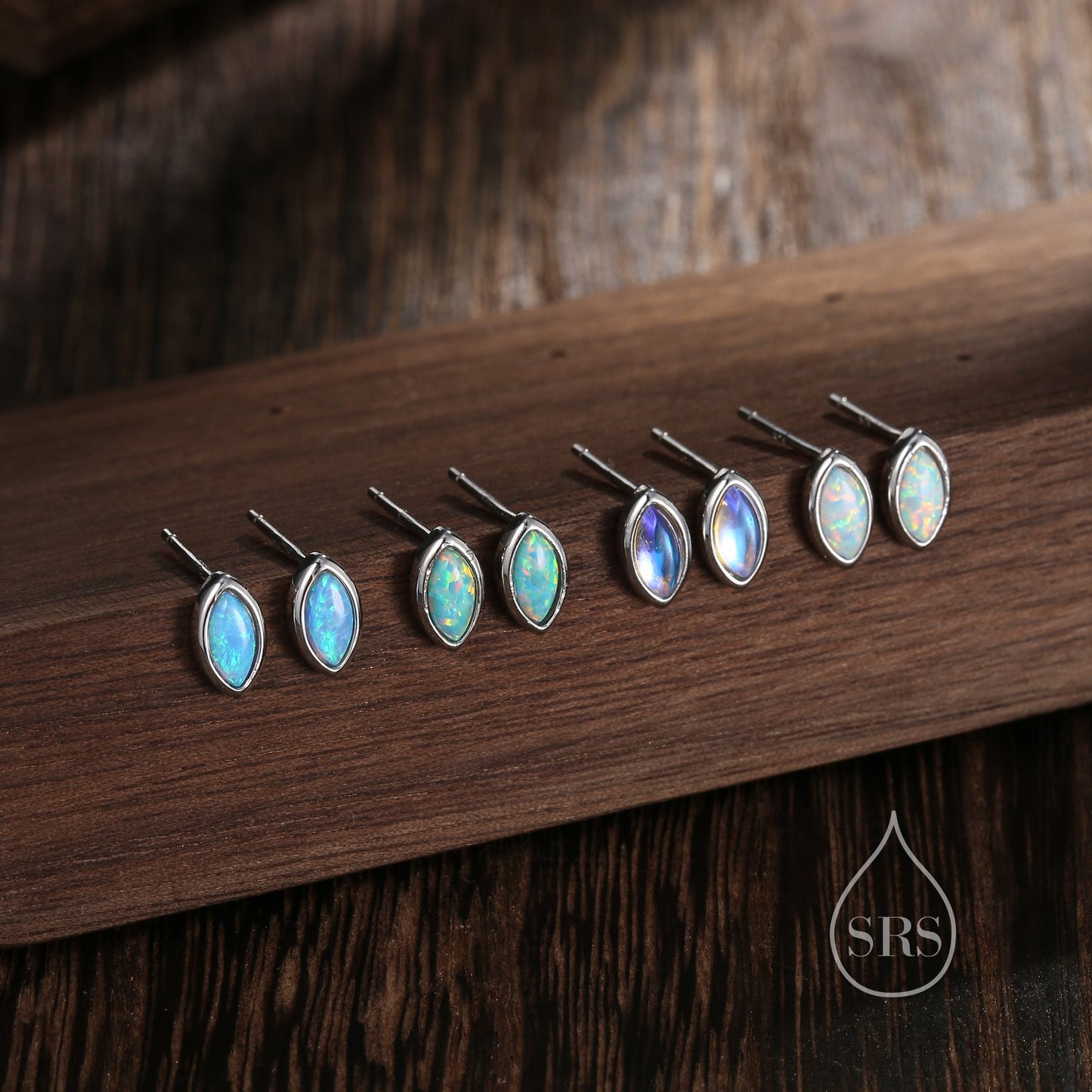 Sterling Silver Aqua Green Opal Marquise Stud Earrings, 3x6mm Marquise Stud, Lab Blue Opal Tiny Earrings, Gold or Silver, Minimalist