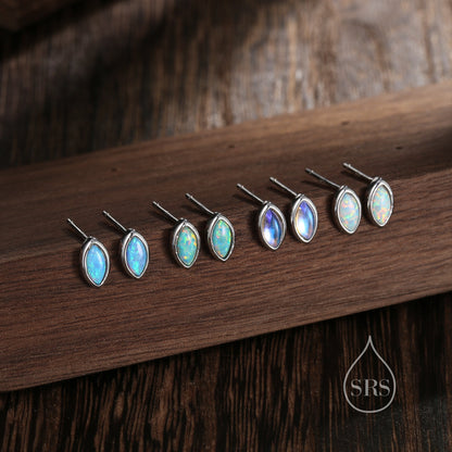 Sterling Silver Aqua Green Opal Marquise Stud Earrings, 3x6mm Marquise Stud, Lab Blue Opal Tiny Earrings, Gold or Silver, Minimalist