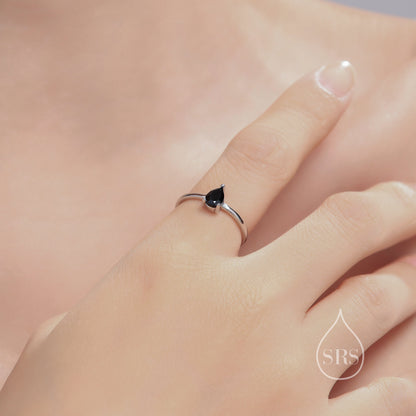 Natural Black Onyx Droplet Ring in Sterling Silver, 4x6mm, Prong Set Pear Cut, Adjustable Size, Genuine Black Onyx Ring