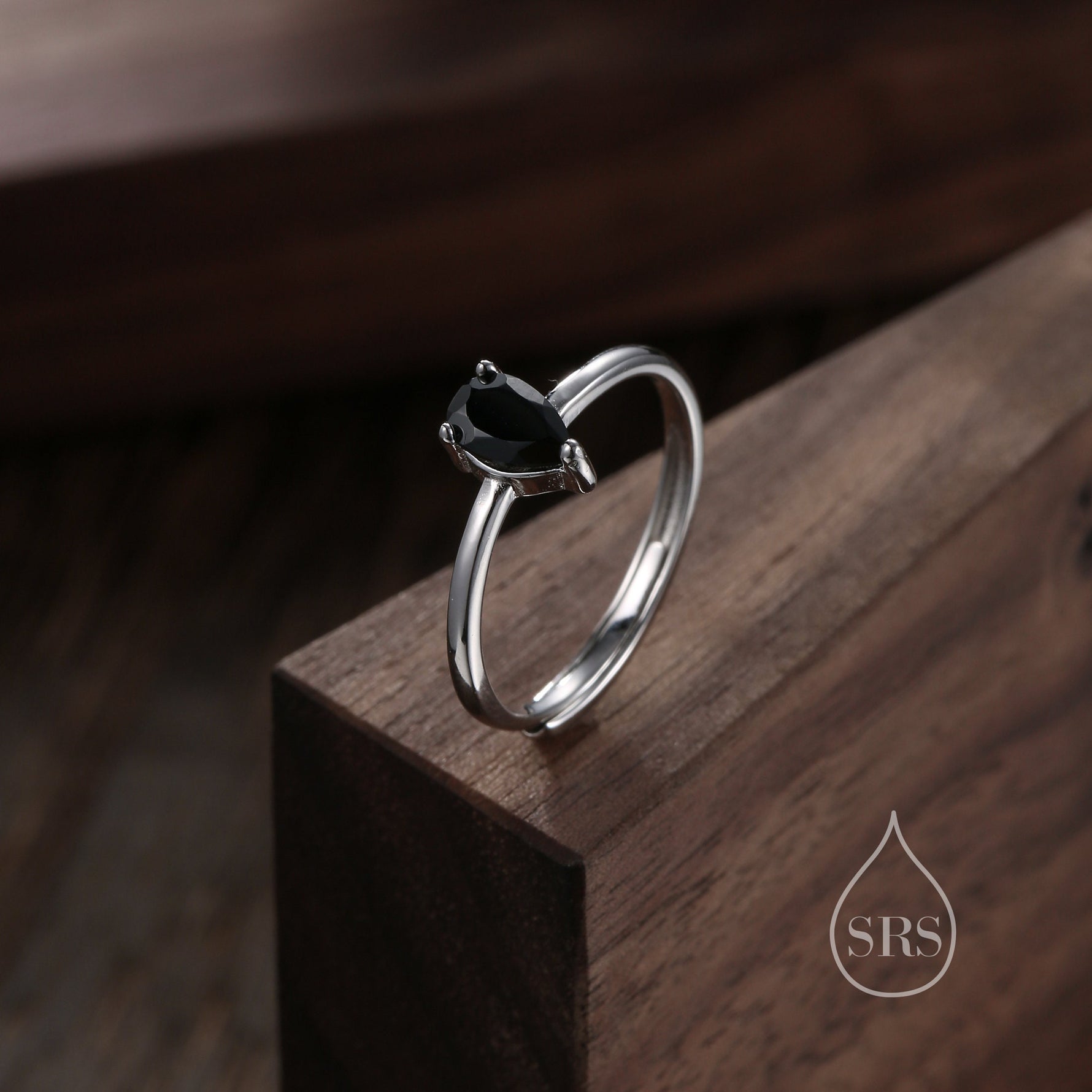 Natural Black Onyx Droplet Ring in Sterling Silver, 4x6mm, Prong Set Pear Cut, Adjustable Size, Genuine Black Onyx Ring