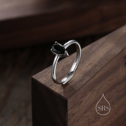 Natural Black Onyx Droplet Ring in Sterling Silver, 4x6mm, Prong Set Pear Cut, Adjustable Size, Genuine Black Onyx Ring