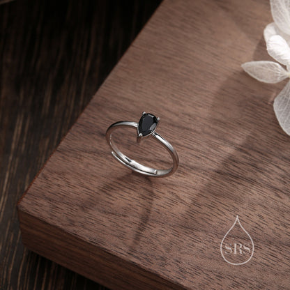 Natural Black Onyx Droplet Ring in Sterling Silver, 4x6mm, Prong Set Pear Cut, Adjustable Size, Genuine Black Onyx Ring
