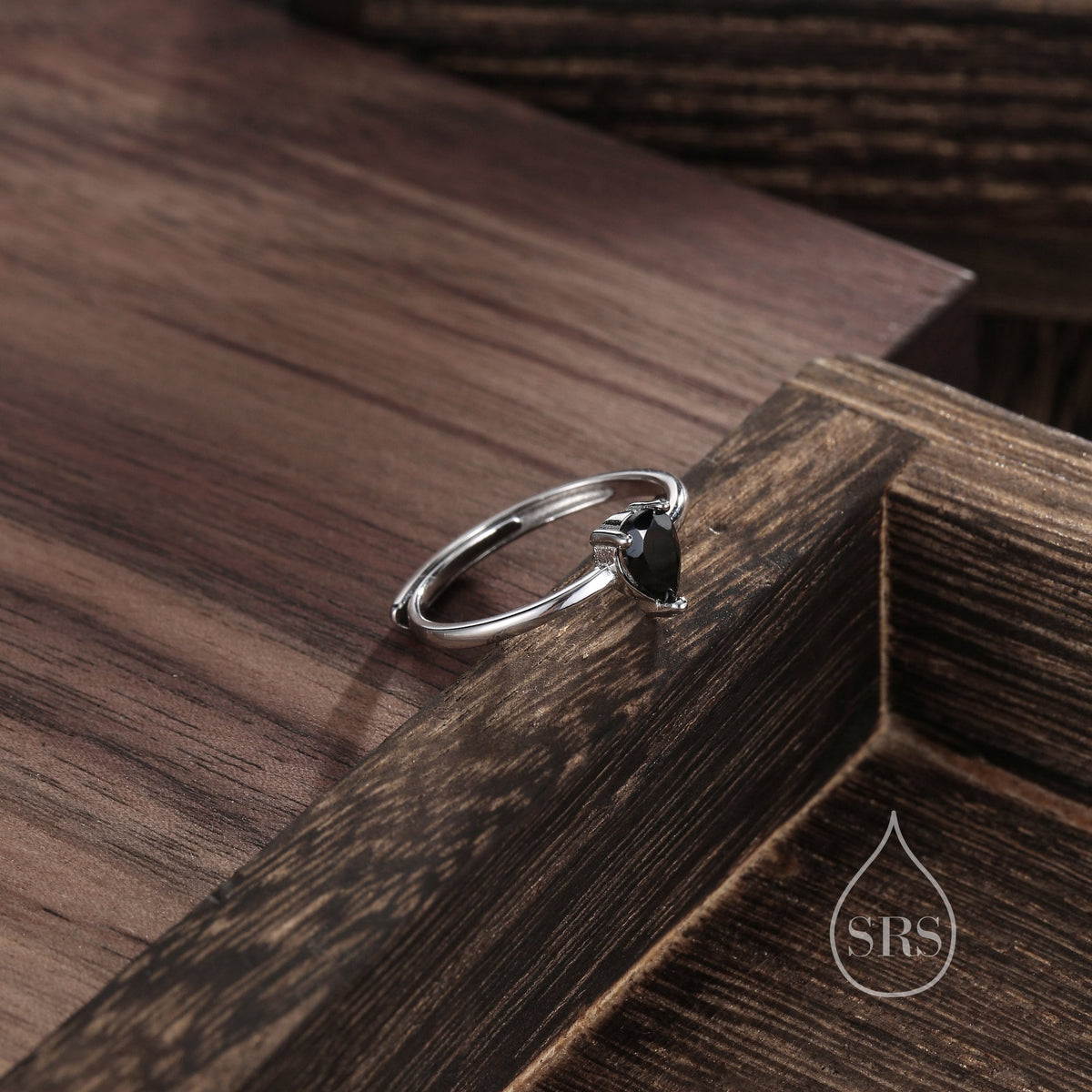 Natural Black Onyx Droplet Ring in Sterling Silver, 4x6mm, Prong Set Pear Cut, Adjustable Size, Genuine Black Onyx Ring