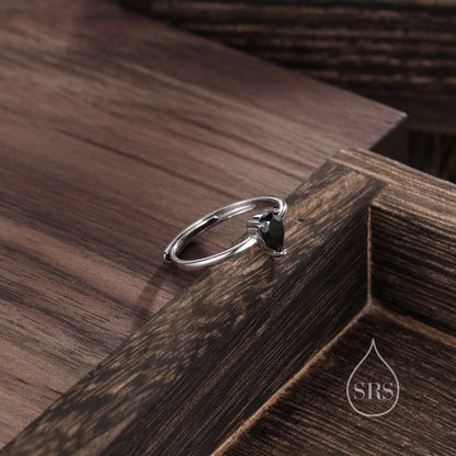 Natural Black Onyx Droplet Ring in Sterling Silver, 4x6mm, Prong Set Pear Cut, Adjustable Size, Genuine Black Onyx Ring