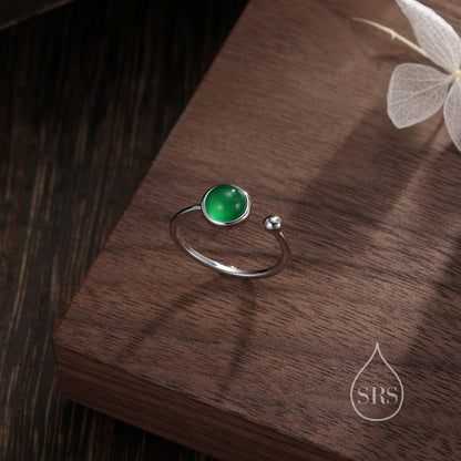 Natural Green Onyx Open Ring in Sterling Silver, 6mm Stone, Bezel Set, Adjustable Size, Green Chalcedony Ring