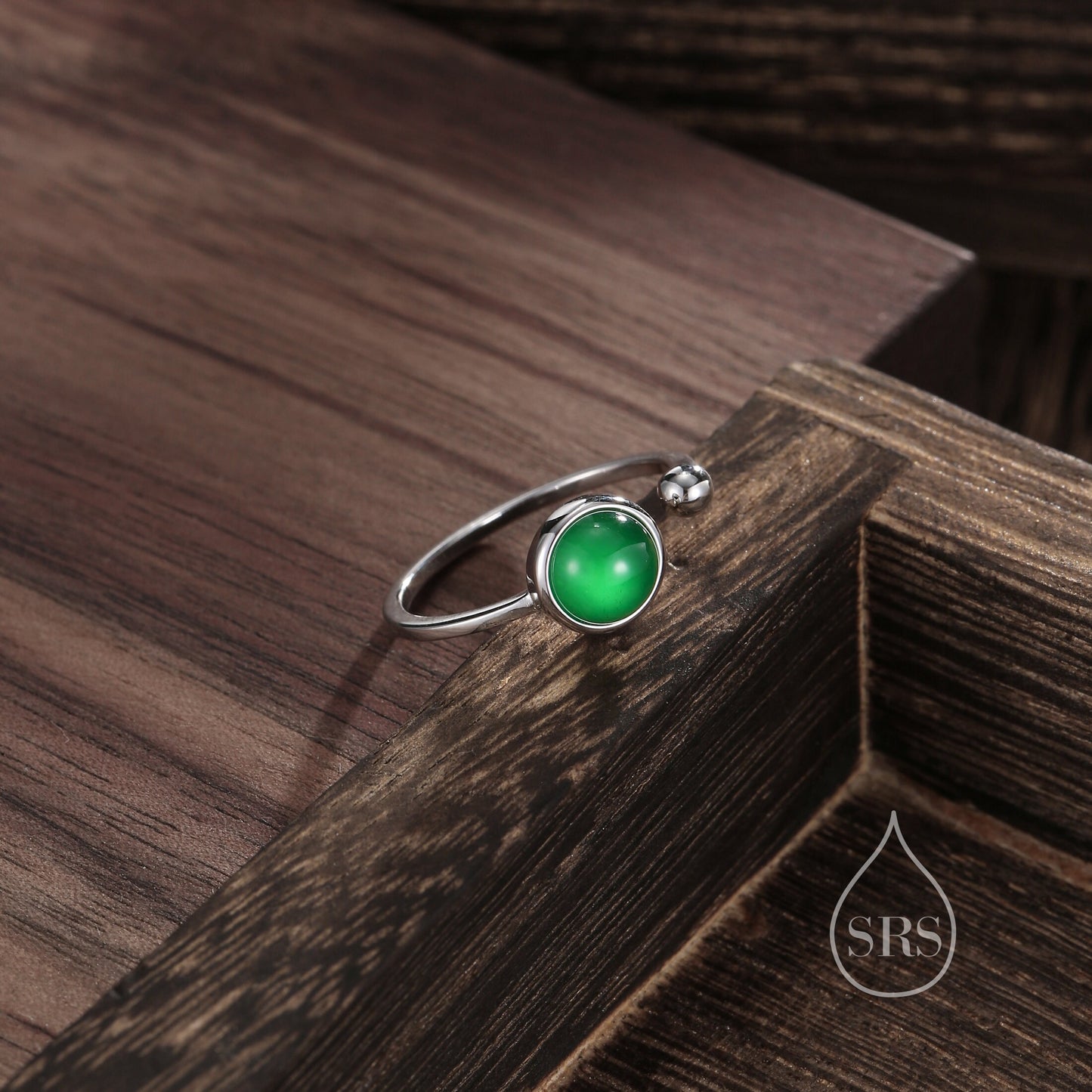 Natural Green Onyx Open Ring in Sterling Silver, 6mm Stone, Bezel Set, Adjustable Size, Green Chalcedony Ring