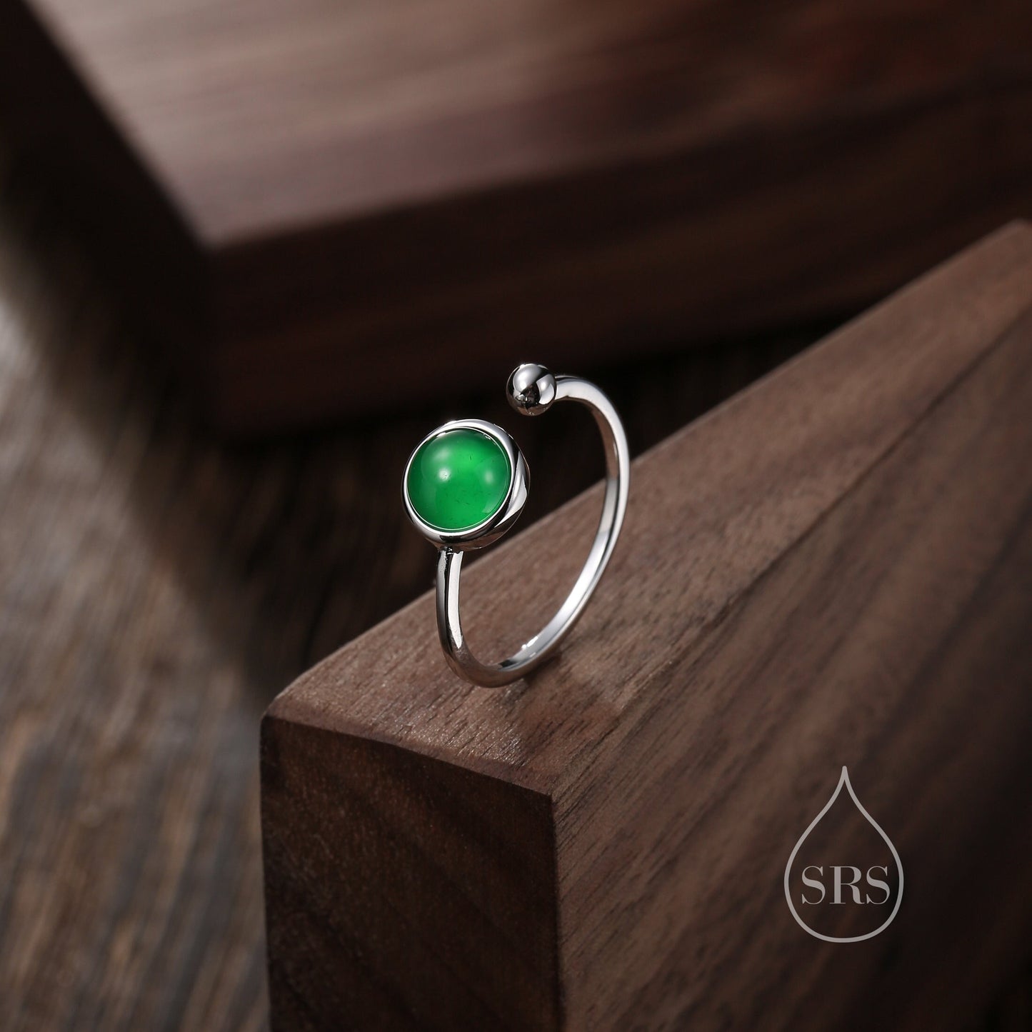 Natural Green Onyx Open Ring in Sterling Silver, 6mm Stone, Bezel Set, Adjustable Size, Green Chalcedony Ring