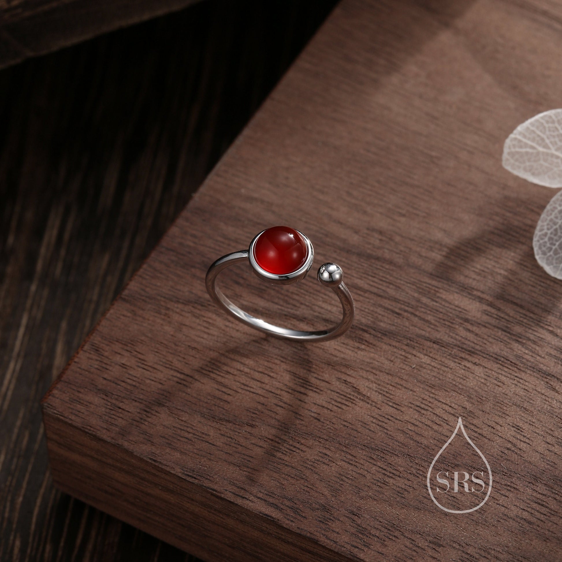 Natural Red Carnelian Open Ring in Sterling Silver, 6mm Red Onyx Stone, Bezel Set, Adjustable Size, Red Chalcedony Ring