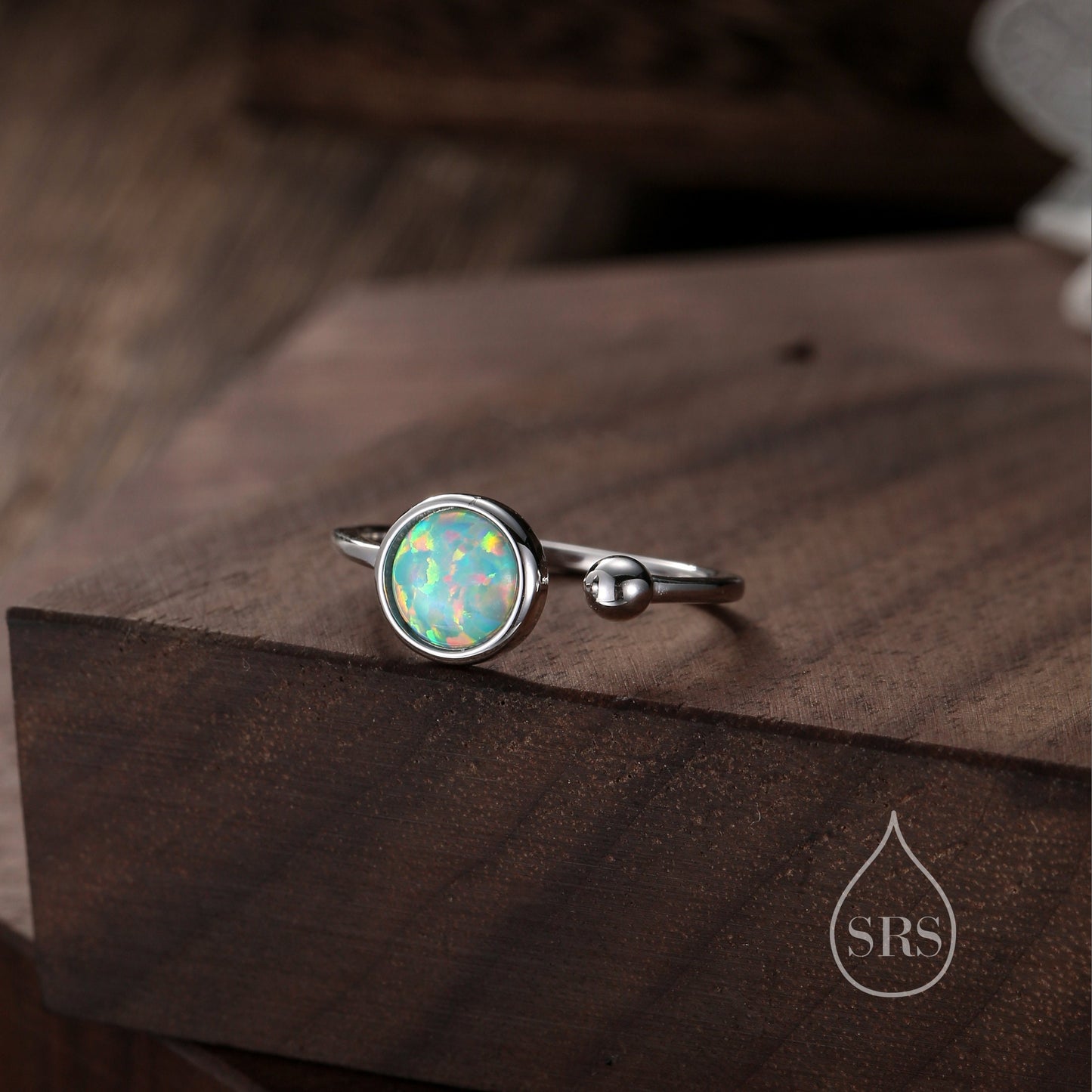 Aqua Green Opal Open Ring in Sterling Silver, 6mm Lab Opal Stone, Bezel Set Simulated Blue Opal Ring, Adjustable Size