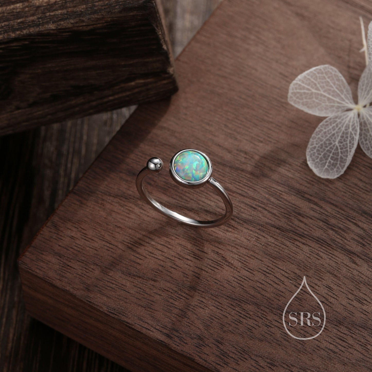 Aqua Green Opal Open Ring in Sterling Silver, 6mm Lab Opal Stone, Bezel Set Simulated Blue Opal Ring, Adjustable Size