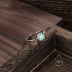 Aqua Green Opal Open Ring in Sterling Silver, 6mm Lab Opal Stone, Bezel Set Simulated Blue Opal Ring, Adjustable Size