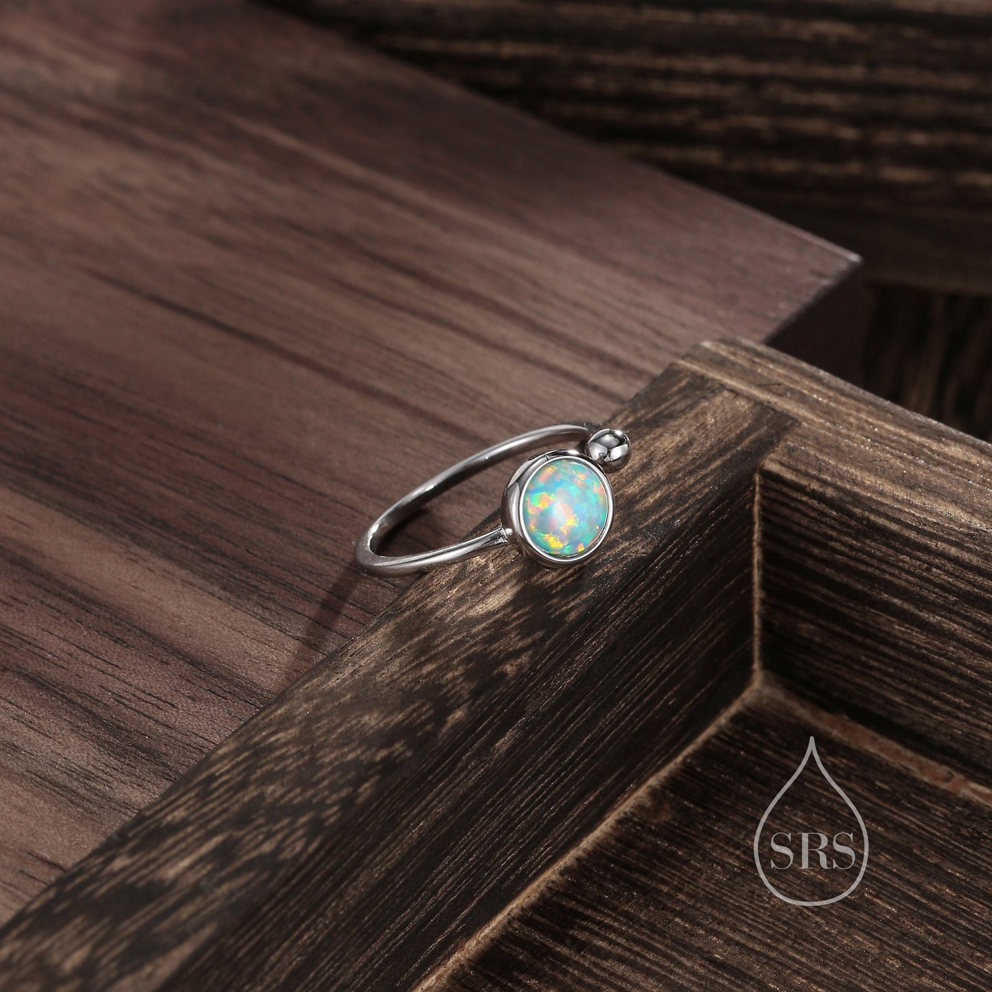 Aqua Green Opal Open Ring in Sterling Silver, 6mm Lab Opal Stone, Bezel Set Simulated Blue Opal Ring, Adjustable Size