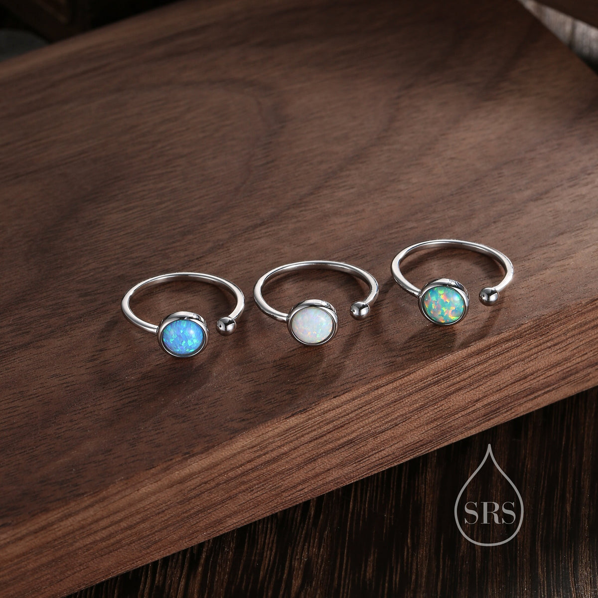 Blue Opal Open Ring in Sterling Silver, 6mm Lab Opal Stone, Bezel Set Simulated Blue Opal Ring, Adjustable Size