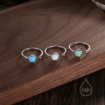 Aqua Green Opal Open Ring in Sterling Silver, 6mm Lab Opal Stone, Bezel Set Simulated Blue Opal Ring, Adjustable Size
