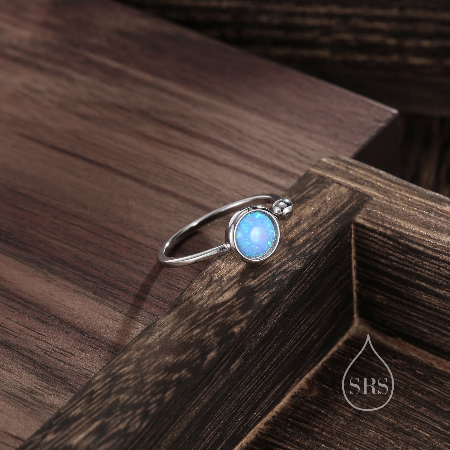 Blue Opal Open Ring in Sterling Silver, 6mm Lab Opal Stone, Bezel Set Simulated Blue Opal Ring, Adjustable Size