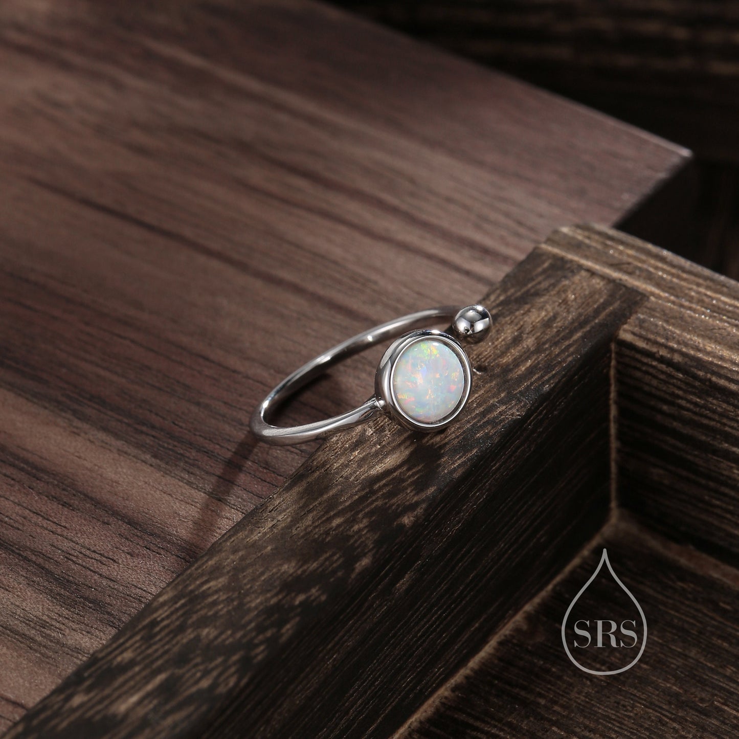 White Opal Open Ring in Sterling Silver, 6mm Lab Opal Stone, Bezel Set Simulated Fire Opal Ring, Adjustable Size