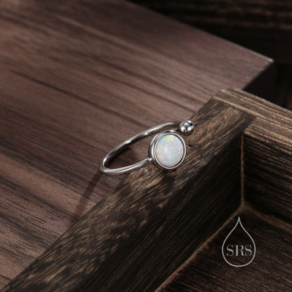 White Opal Open Ring in Sterling Silver, 6mm Lab Opal Stone, Bezel Set Simulated Fire Opal Ring, Adjustable Size