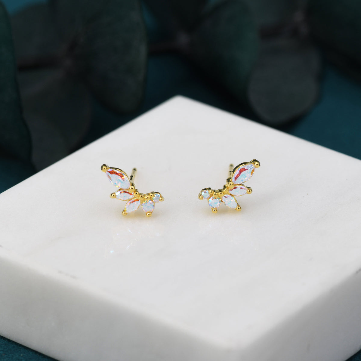 Mystic AB CZ Marquise Cluster Stud Earrings in Sterling Silver, Silver or Gold, Colour Changing Aurora Earrings, CZ Wing Earrings