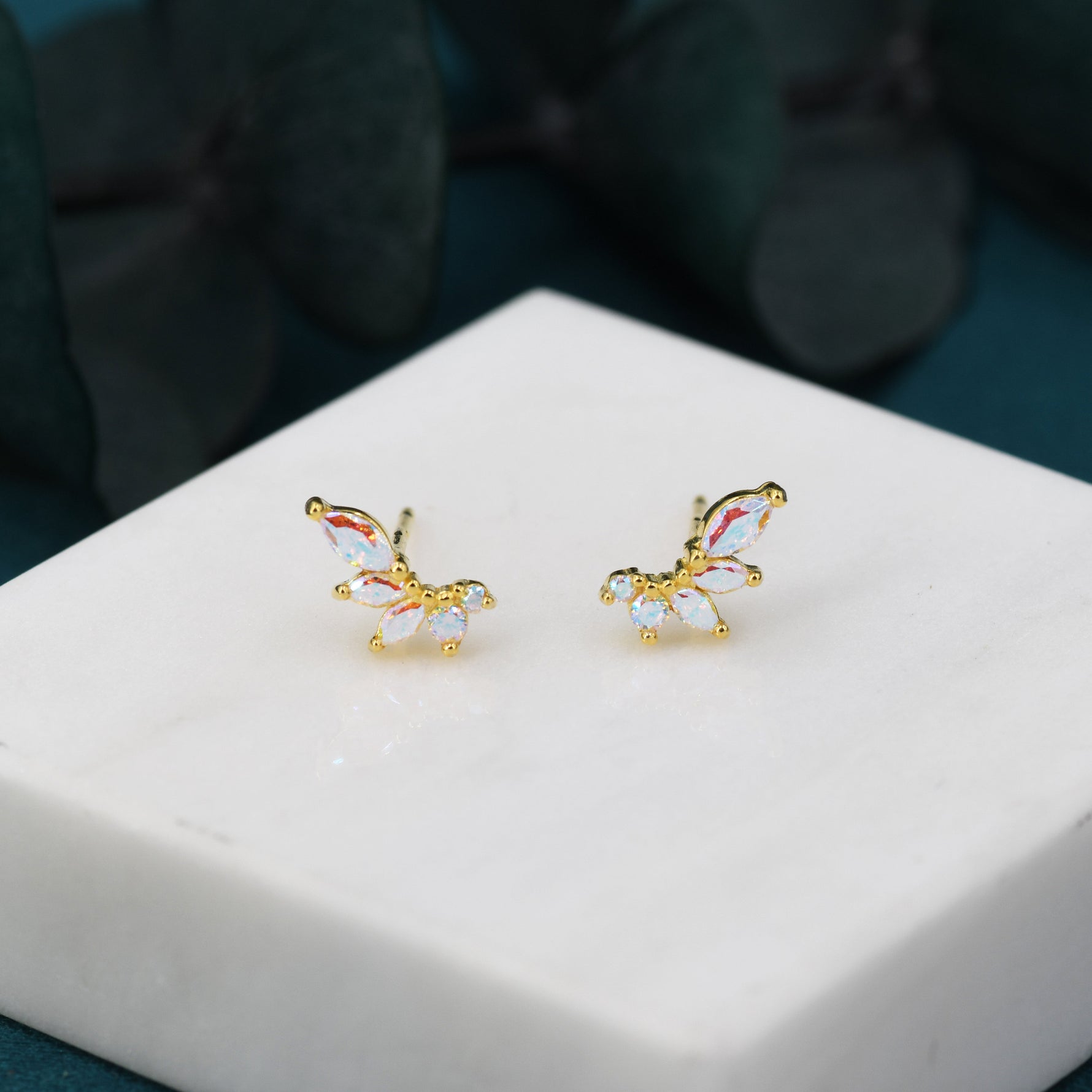 Mystic AB CZ Marquise Cluster Stud Earrings in Sterling Silver, Silver or Gold, Colour Changing Aurora Earrings, CZ Wing Earrings