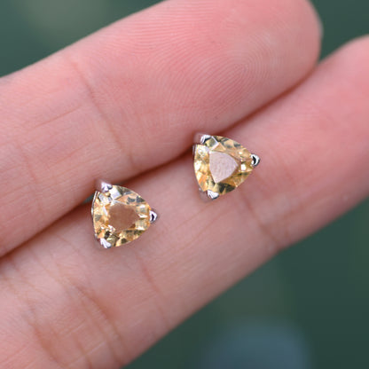 Genuine Yellow Citrine Crystal Stud Earrings in Sterling Silver, Silver or Gold, Trillion Cut 6mm Citrine Earrings