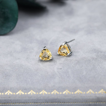 Genuine Yellow Citrine Crystal Stud Earrings in Sterling Silver, Silver or Gold, Trillion Cut 6mm Citrine Earrings