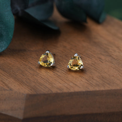 Genuine Yellow Citrine Crystal Stud Earrings in Sterling Silver, Silver or Gold, Trillion Cut 6mm Citrine Earrings