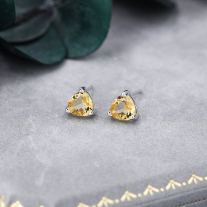 Genuine Yellow Citrine Crystal Stud Earrings in Sterling Silver, Silver or Gold, Trillion Cut 6mm Citrine Earrings