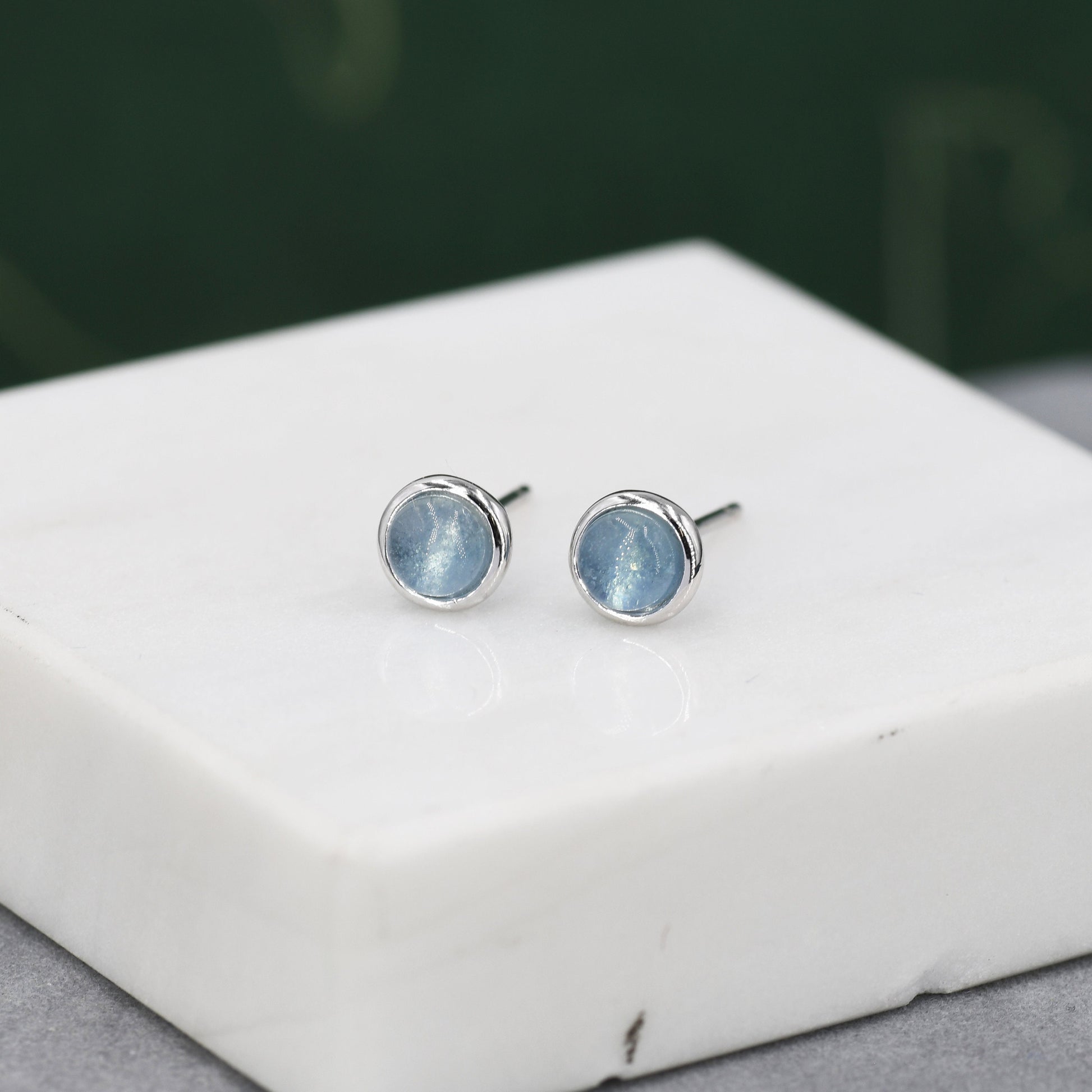 Sterling Silver Aquamarine Bezel Stud Earrings, 4mm Genuine Aquamarine Stone, Semi-precious Jewellery