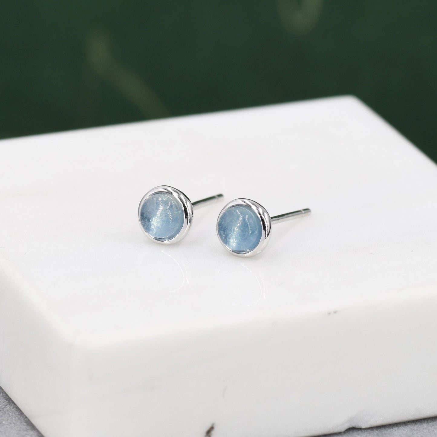 Sterling Silver Aquamarine Bezel Stud Earrings, 4mm Genuine Aquamarine Stone, Semi-precious Jewellery