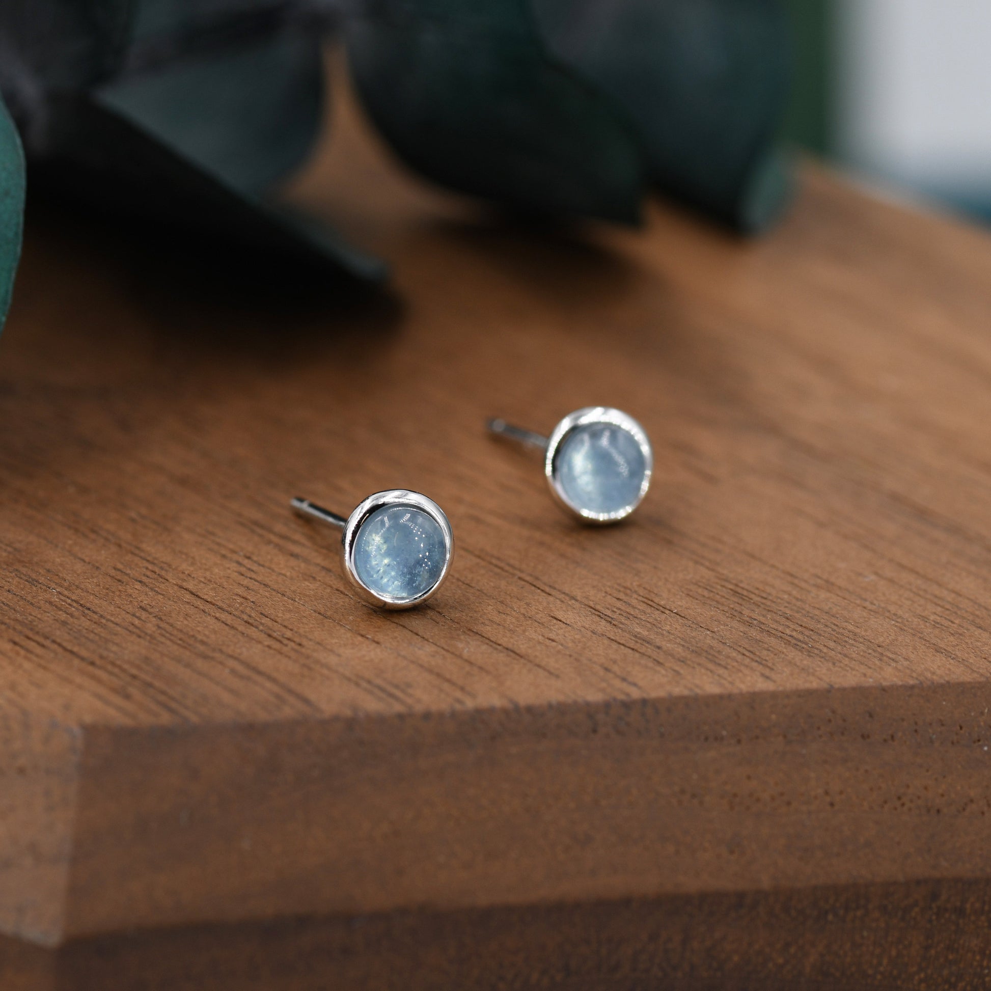 Sterling Silver Aquamarine Bezel Stud Earrings, 4mm Genuine Aquamarine Stone, Semi-precious Jewellery
